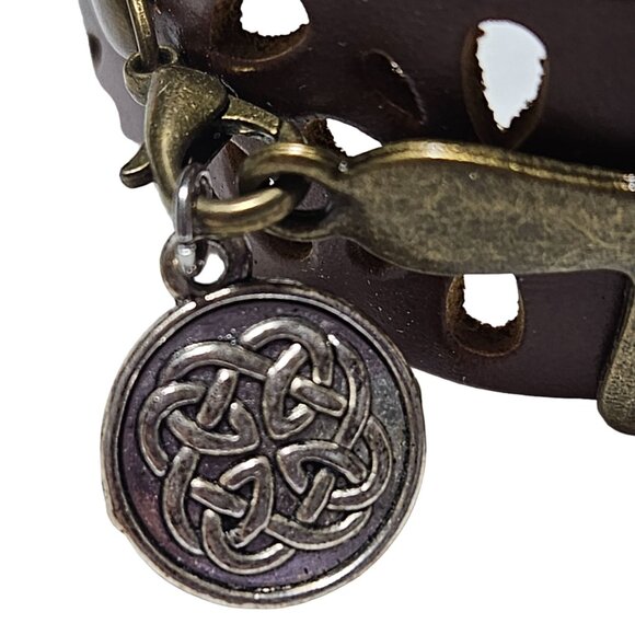 Vintage Brown Leather Floral Cut Out Bracelet Brass Cross Charms Spiritual Boho - Picture 3 of 8